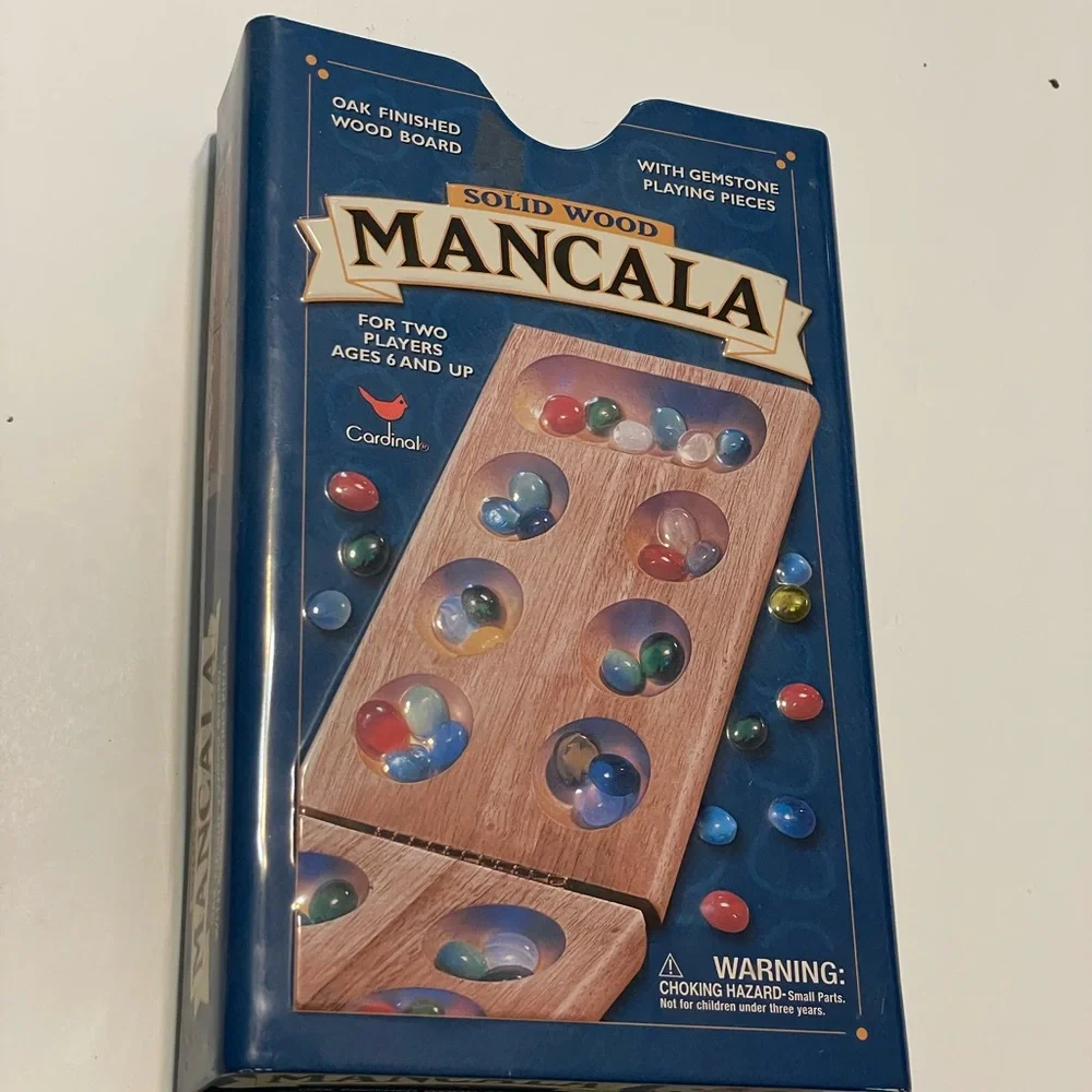 Folding Wooden Mancala Game with Colorful Stones In Metal Box